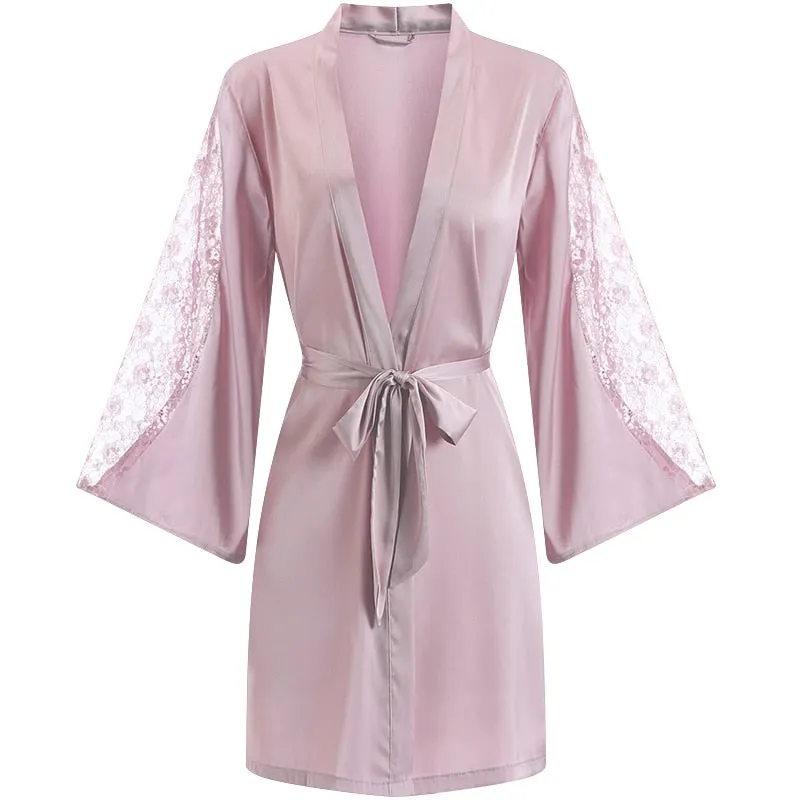 CINOON Sexy Female Sleepwear Silk Robe Set Summer Kimono Bathrobe Lace Bath Gown Wedding Night Dress Home Clothes Nightwear