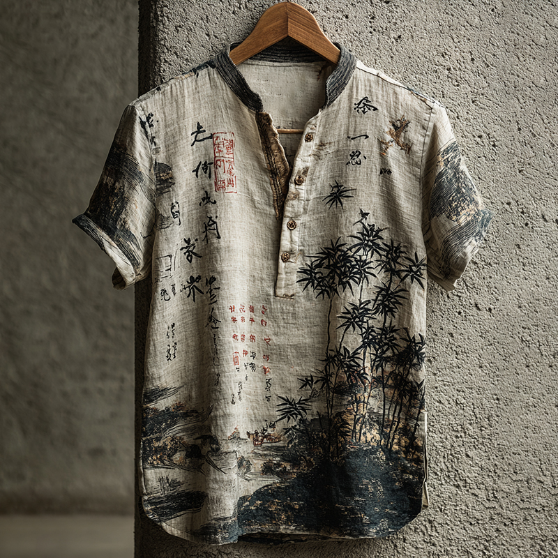 Women's Vintage Bamboo Art Pattern Short Sleeve Linen Blend Shirt elevenforest