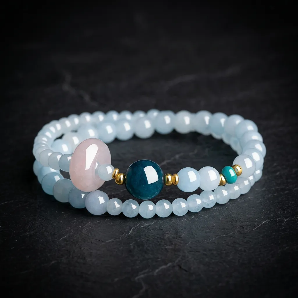 JiStones Serene Azure Double-Wrap Bracelet | Temple-Inspired Fortune Talisman Serene Azure & Rose Charm