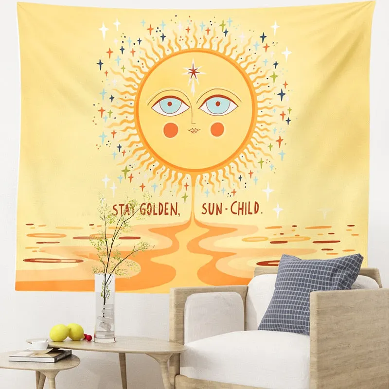 Vintage Sun Tapestry Wall Hanging 80S Rainbow Decor Fabric Home Bedroom Decoration Vintage Hippie Background Cloth Wall Covering