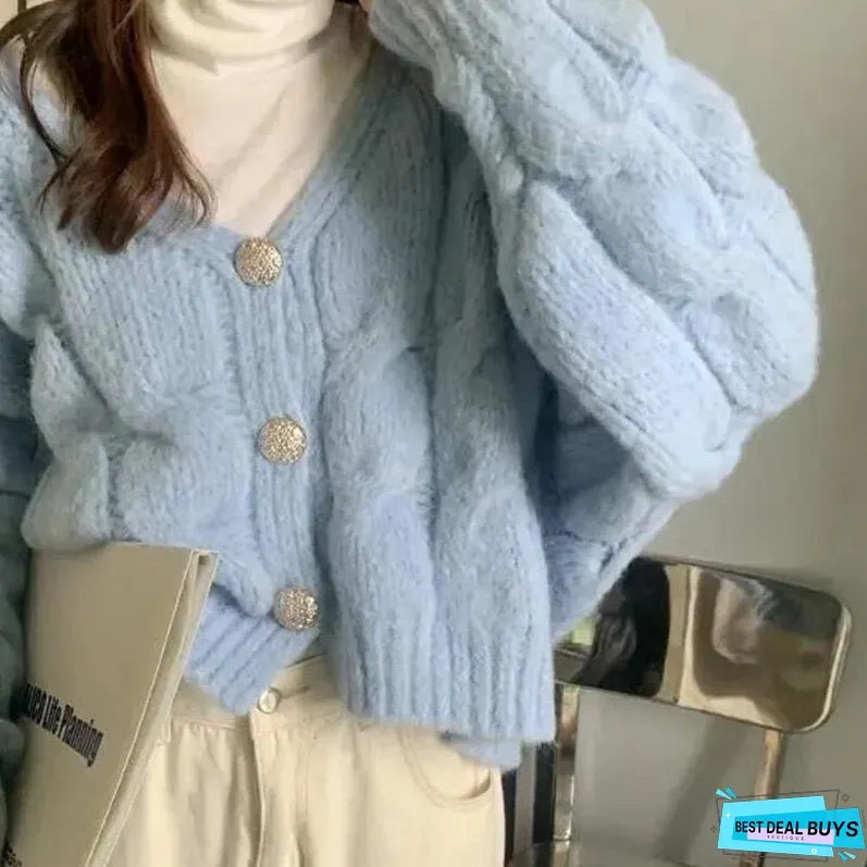 Christmas Gift EBAIHUI Women Short Cardigan Sweater Vintage V-Neck Long Sleeve Knit Tops Lady Loose Pink Korean Chic Fashion Sweaters Coat