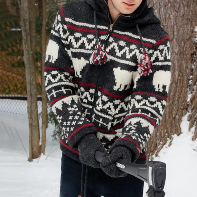 Mens Vintage Fair Isle Polar Bear Knitted Hooded Cardigan