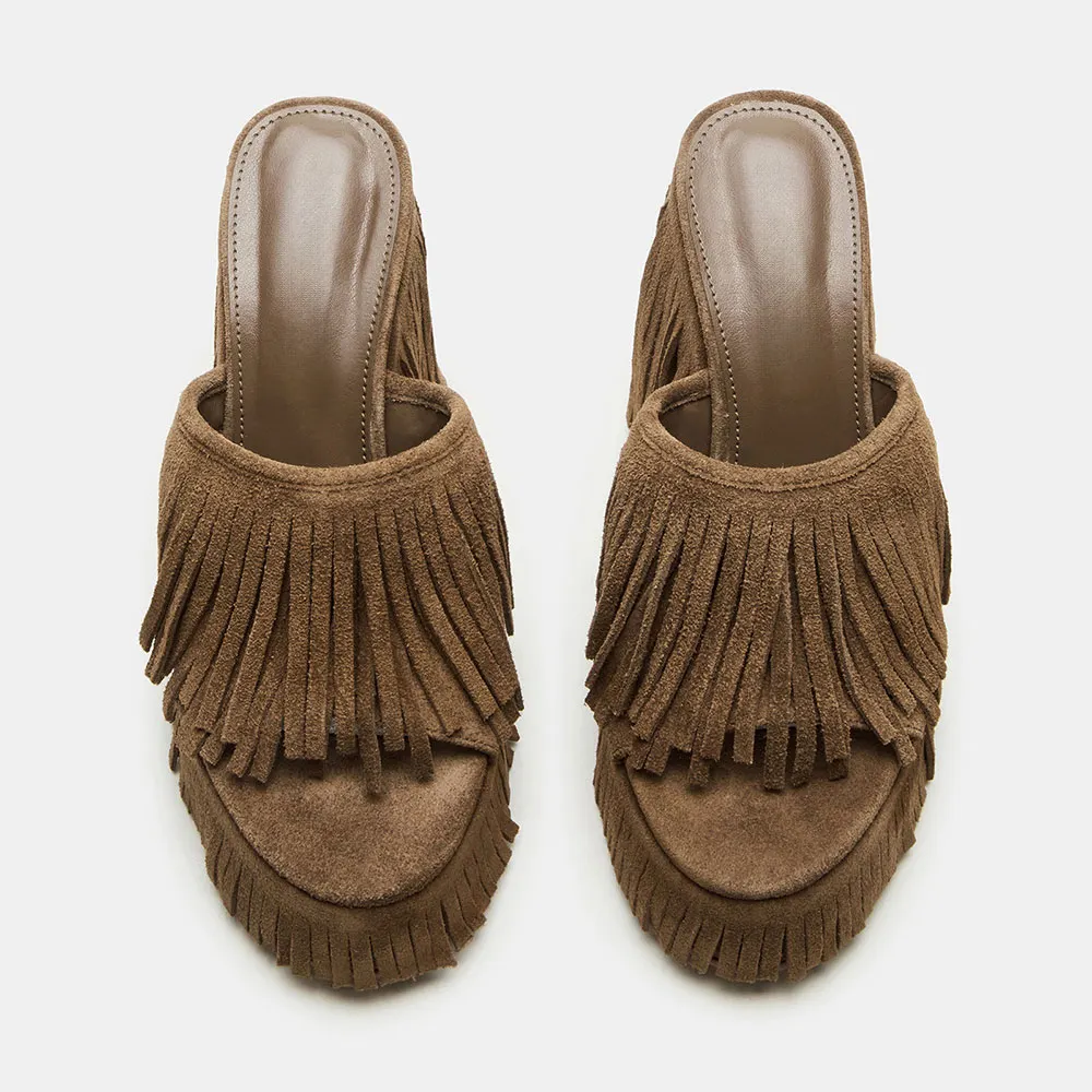 Brown Vegan Suede Open Toe Fringe Decor Wedge Heel Platform Mules