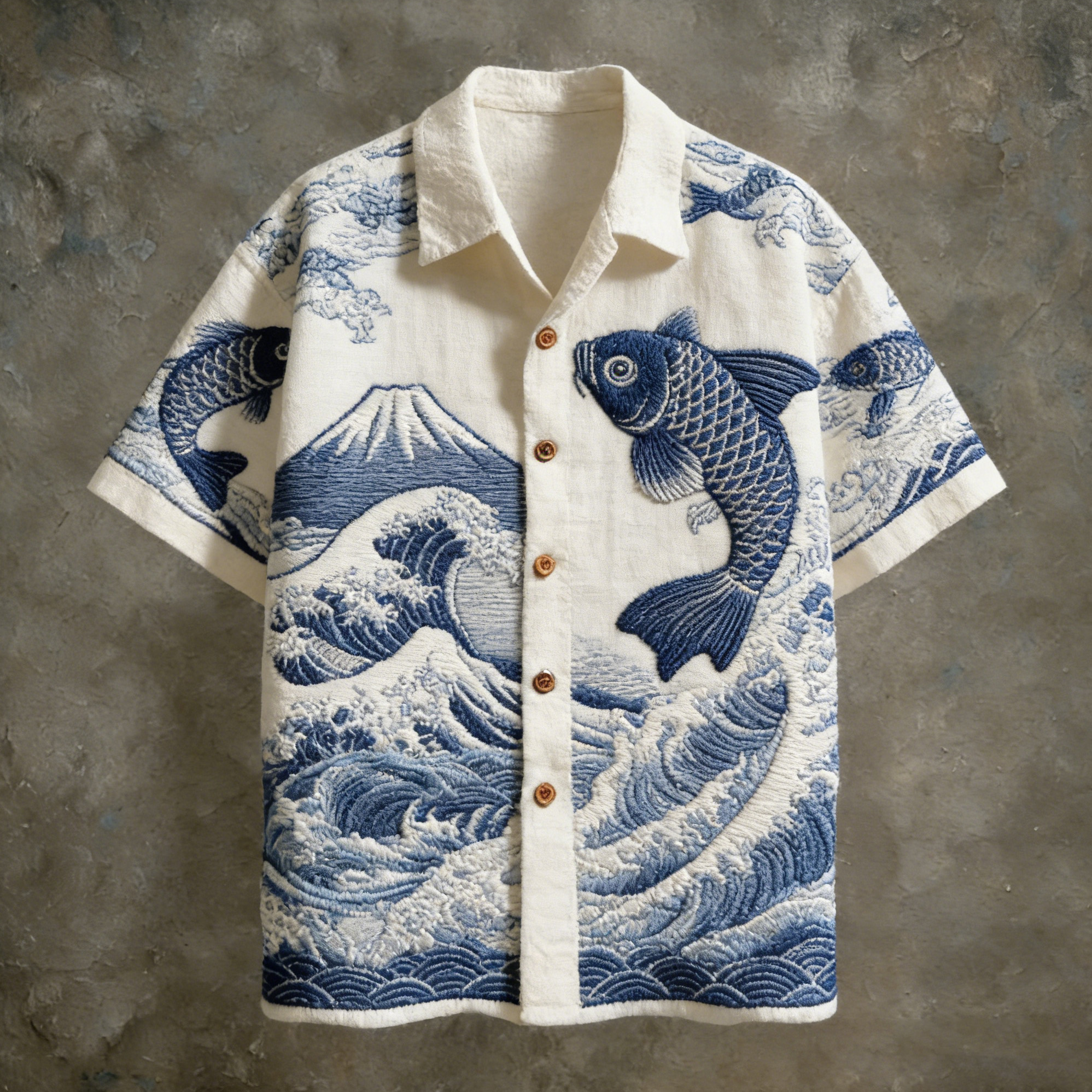 Men's Japanese Koi And Ocean Pattern Linen Short-sleeve Shirt  artssus