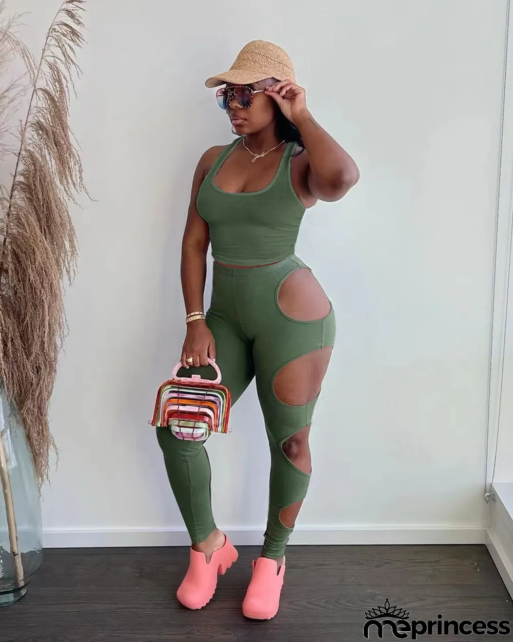 Solid Tank Top Hole Pants Two Piece Sets