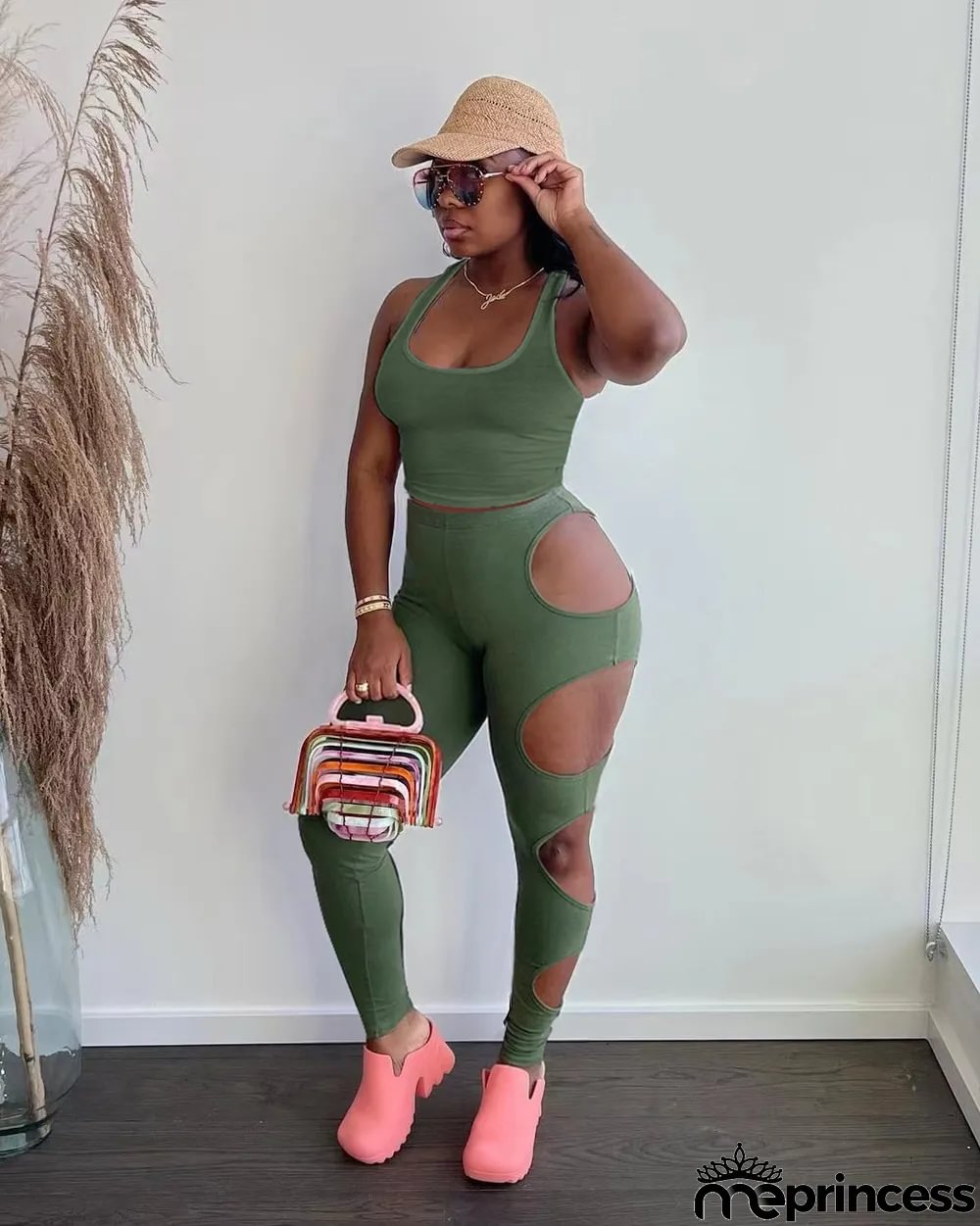 Solid Tank Top Hole Pants Two Piece Sets