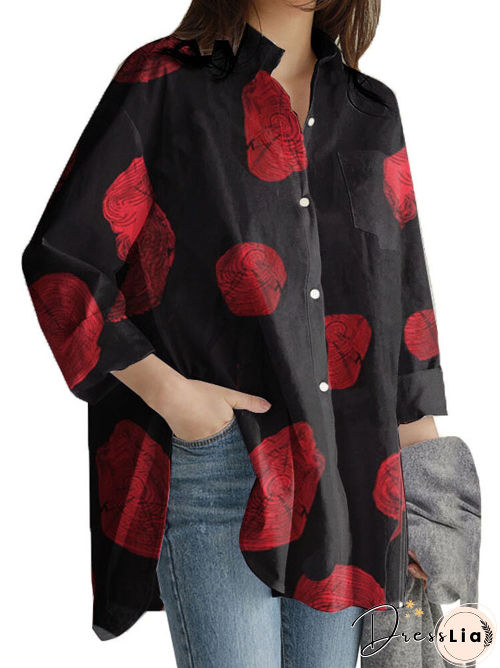 Geometry Print Long Sleeves Casual Loose Blouse With Pockets