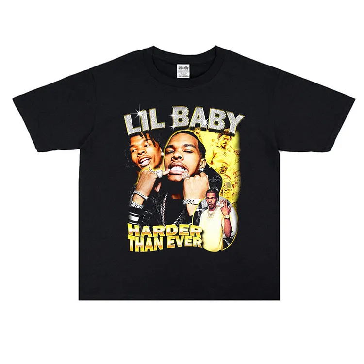 Rock Star T Shirt Rapper Male Singer Lil Baby Print Crew Neck T-shirt Short Sleeves Loose Cotton