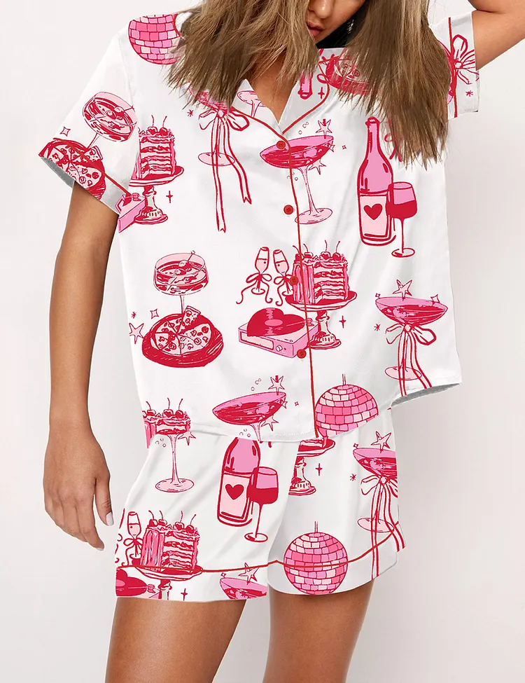 Women&rsquo;s Homebody Cocktail Girl Social Club Retro Disco Ball Margarita Print Short Sleeve Satin Pajama Set