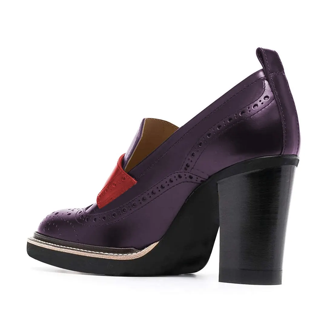 Purple & Red Vegan Leather Perforated Chunky Heel Loafer Shoes Women