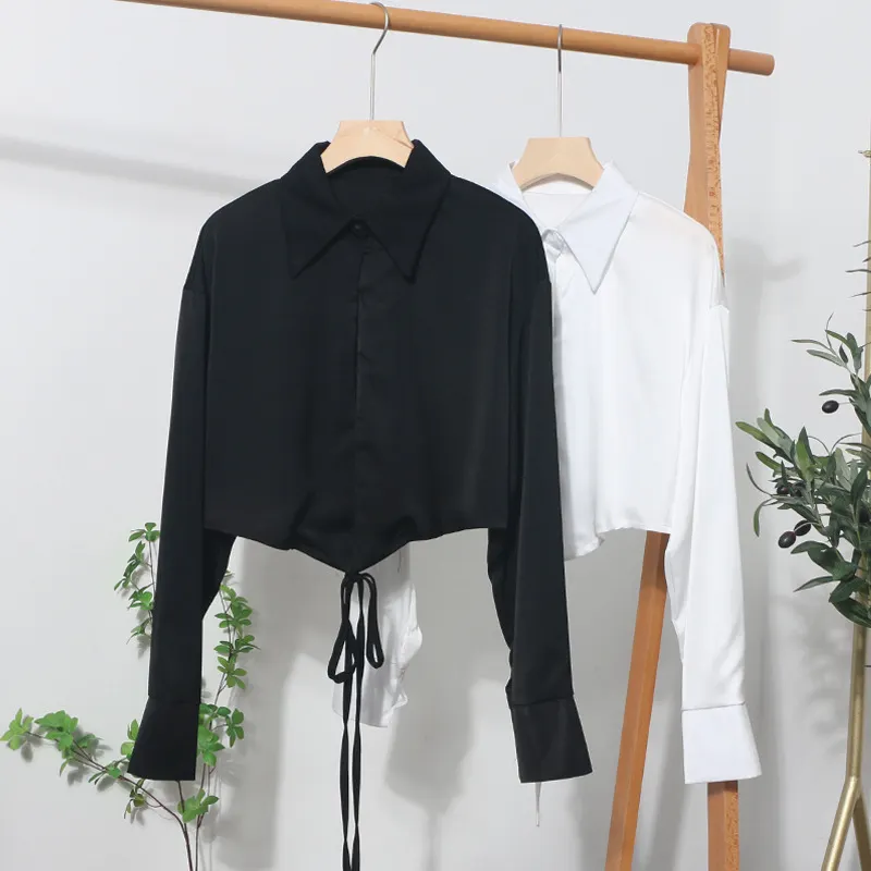 Churchf French Style With Short V-Neck Shirt Spring Sleeve Polo Collar Navel Navel Dress Top Female 881