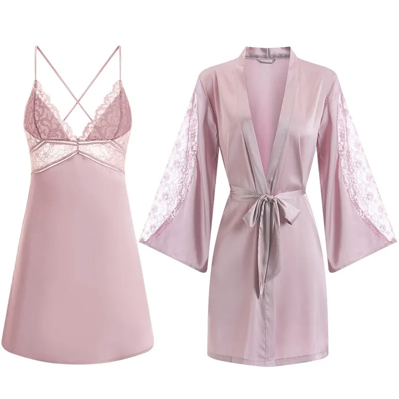 CINOON Sexy Female Sleepwear Silk Robe Set Summer Kimono Bathrobe Lace Bath Gown Wedding Night Dress Home Clothes Nightwear