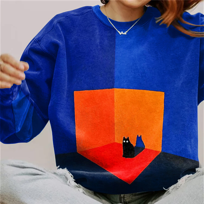 Art Cat Print Round Neck Long Sleeve Sweatshirt