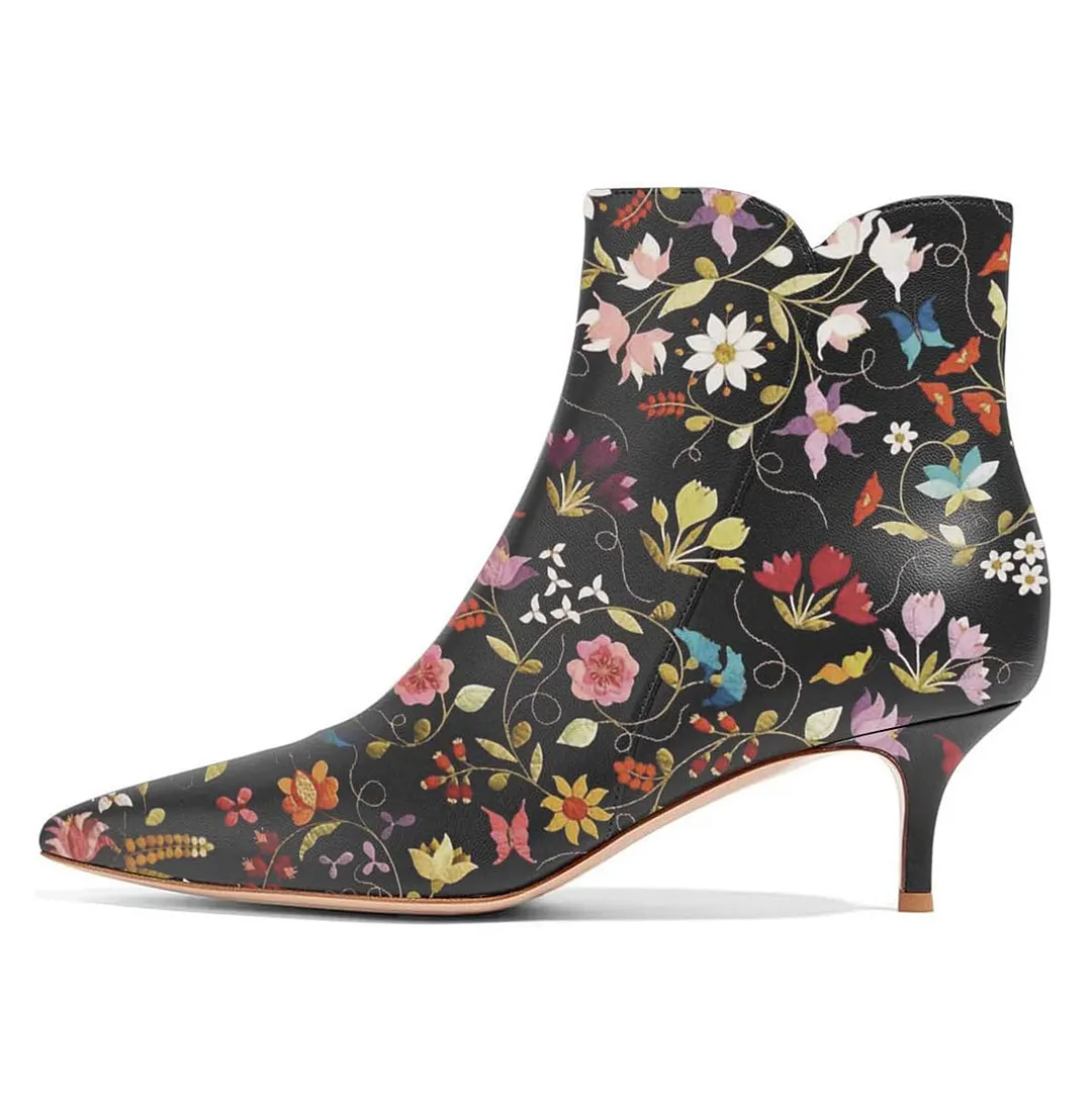 Vegan Leather Side-Zip Colorful Floral Printed Ankle Boots in Black