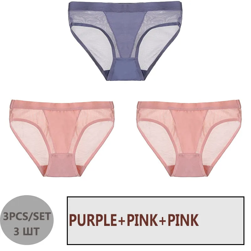 FINETOO 3PCS/Set Women Panties Sexy Mesh Lingerie Breathable Female Underwear For Woman Low-Rise Underpant Woman Panties Briefs