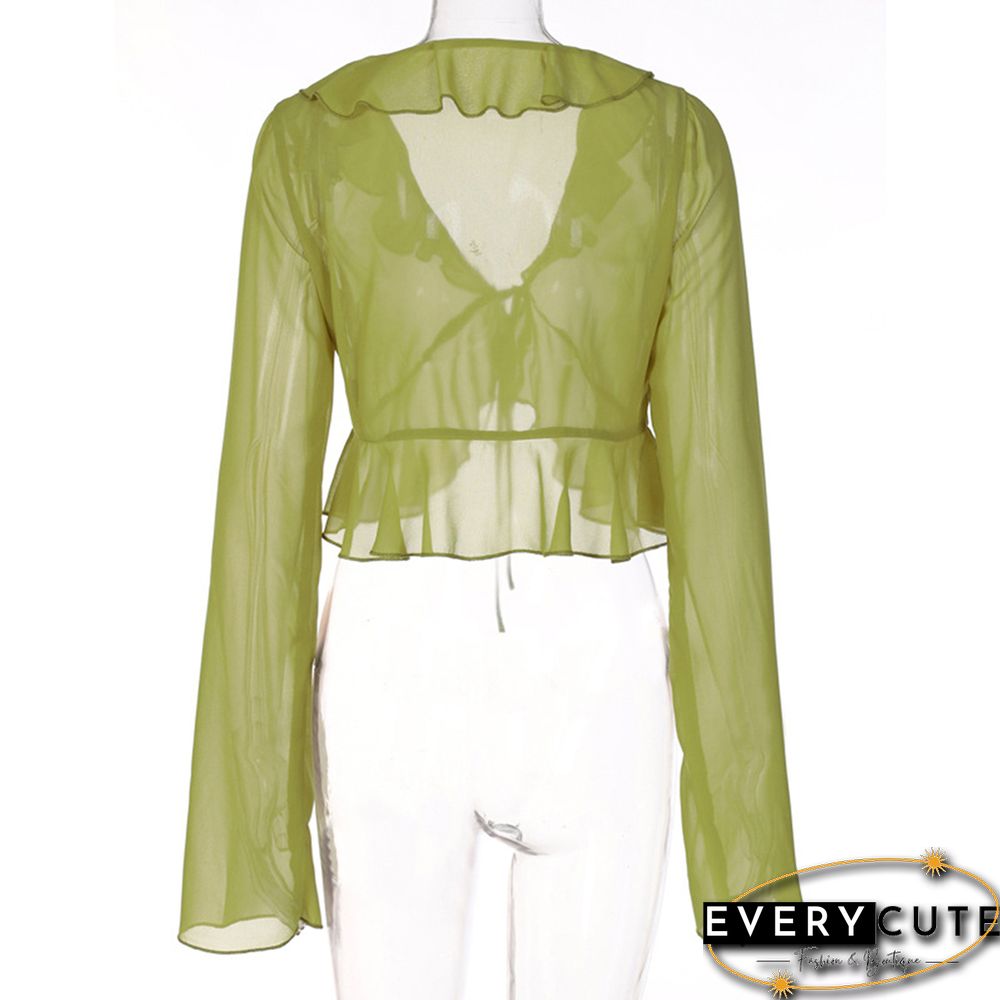 Green Ruffle V Neck Lace-up Long Sleeve Crop Tops