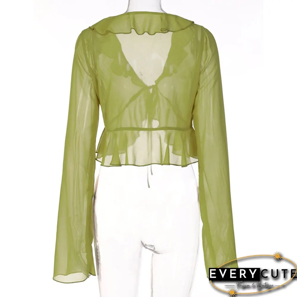 Green Ruffle V Neck Lace-up Long Sleeve Crop Tops
