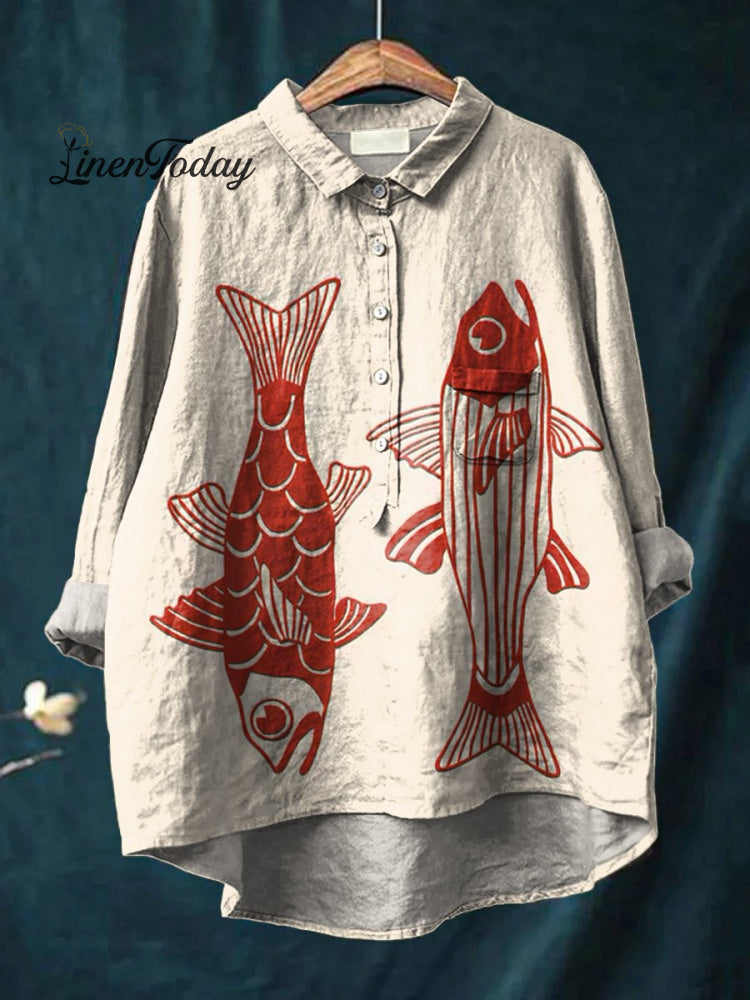 Women&rsquo;s Red Fish Vintage Art Print Casual Cotton And Linen Shirt Multicolor / S