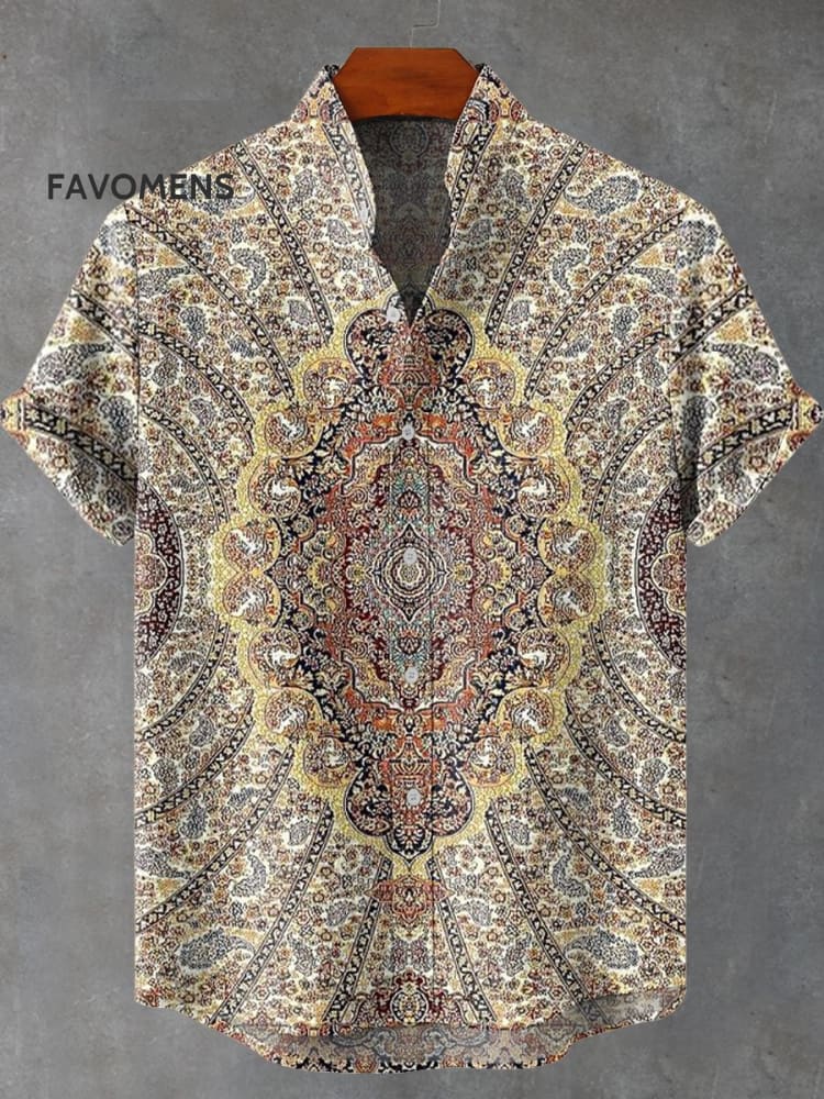 Symmetrical Vintage Pattern Print Casual 100% Cotton Shirt Multicolor / S
