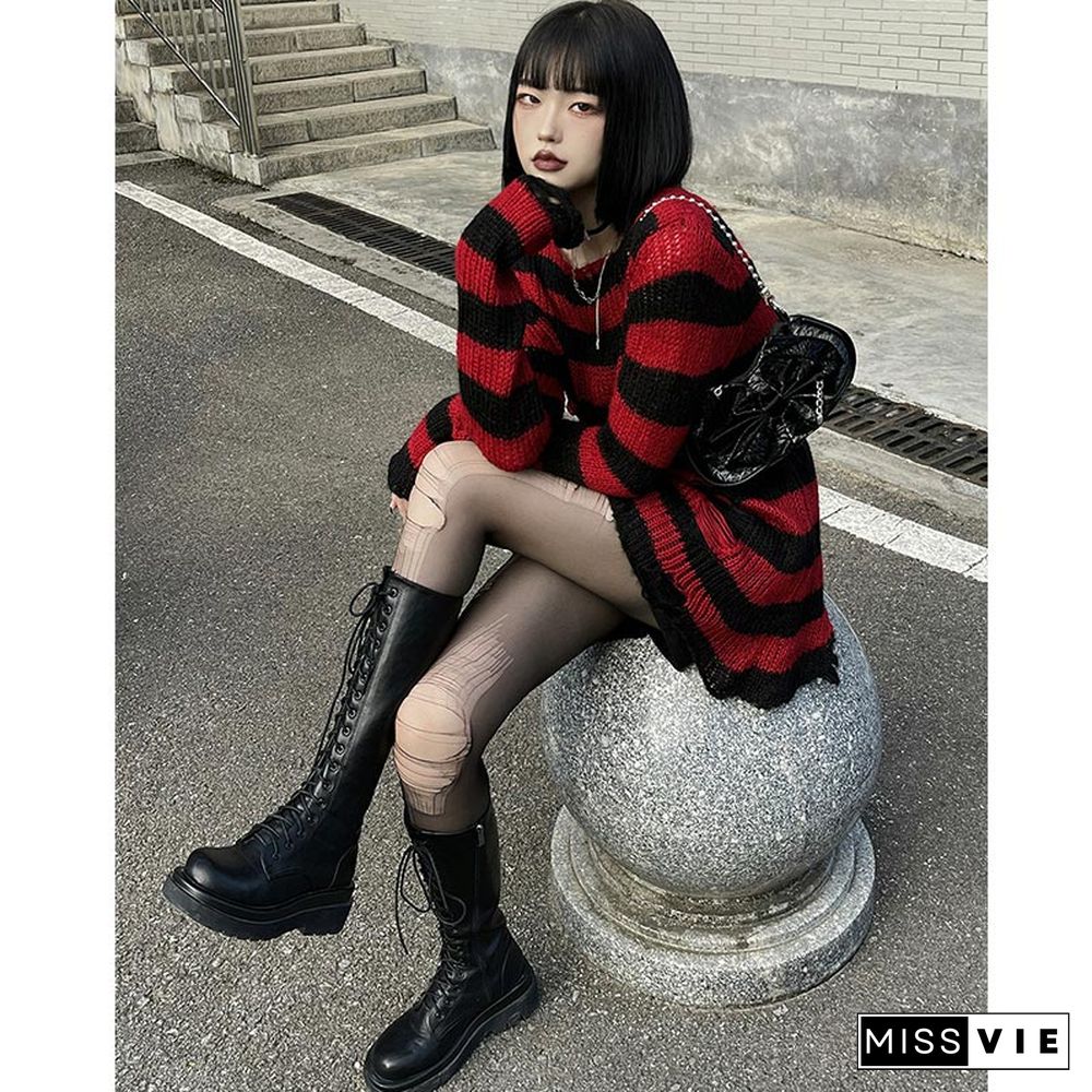 Colorbock Stripe Knit Hollow Out Hole Ripped Sweater