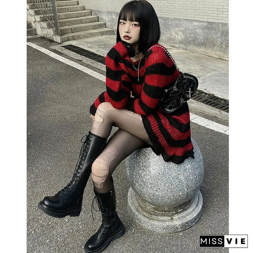 Colorbock Stripe Knit Hollow Out Hole Ripped Sweater