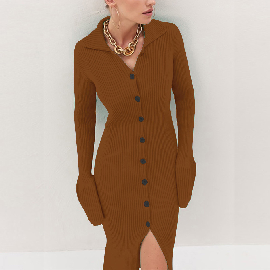 Fashion Solid Color Single Breasted Elegant Slit Slim Casual Sweater Dress