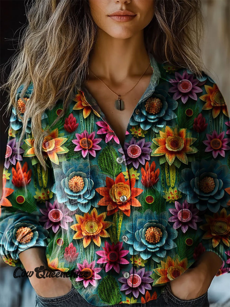 Women&rsquo;s Vintage Flower Art Print Casual Long Sleeve Comfortable Cotton Shirt Multicolor / S