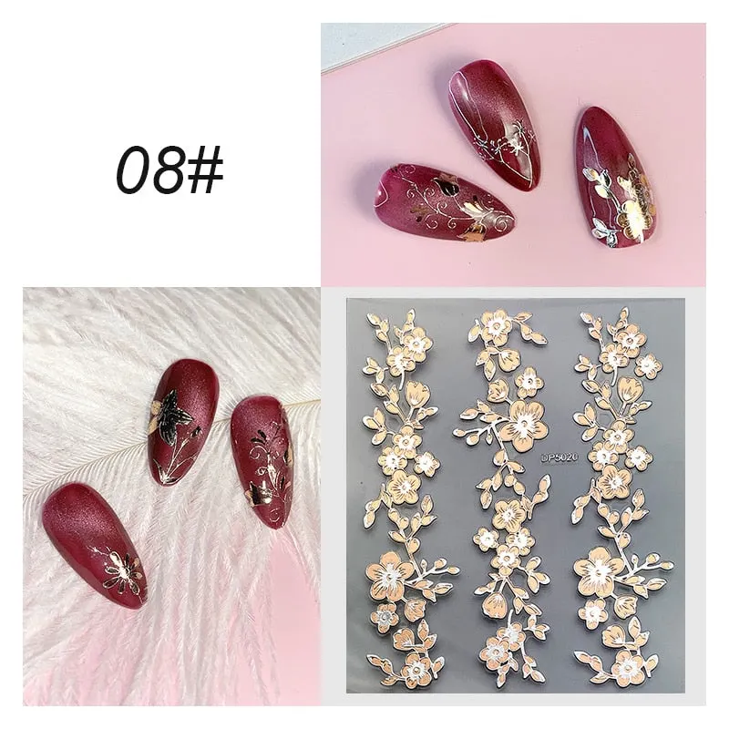 3D Flower Lace Nail Stickers iridescent Bronzing Floral Leaf Transfer Stickers For Nails Manicuring Accessories