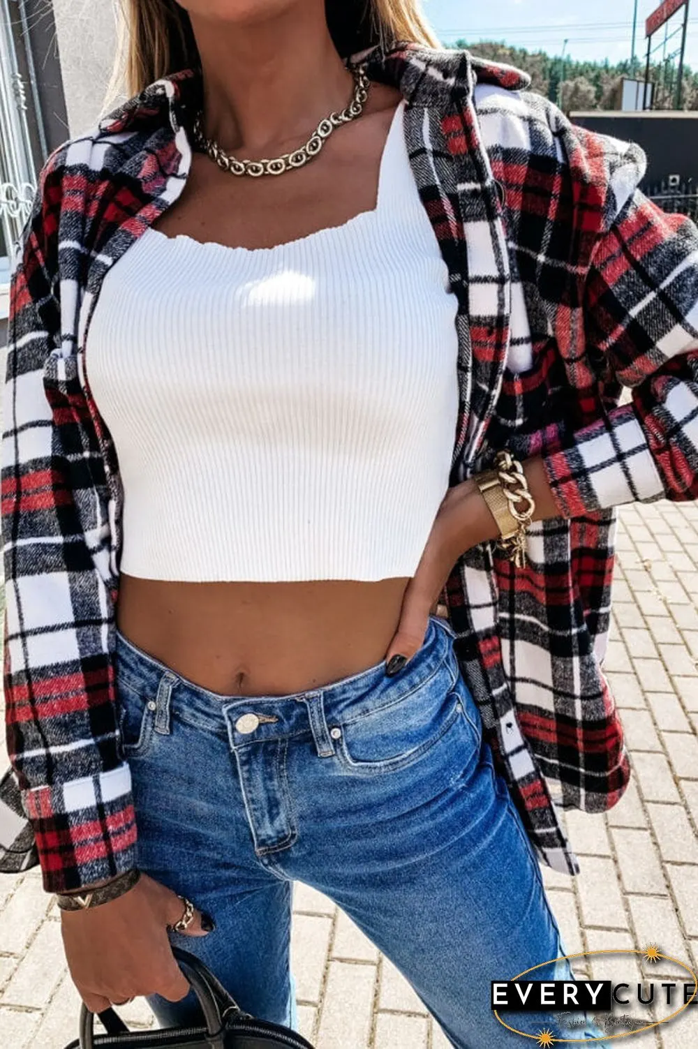 Fashion Casual Plaid Splicing Button Pocket Shirt