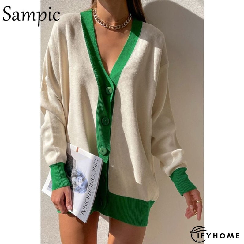 Christmas Gift Sampic Loose Patchwork Knitwear Winter Women Cardigans Tops Oversized Long Sleeve Y2K V Neck Sweater Casual Fashion Tops | IFYHOME
