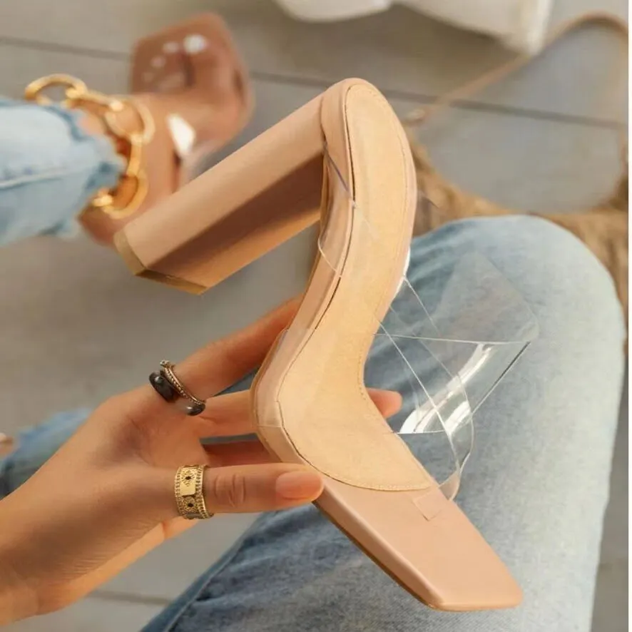 2022 New Design Clip Toe Narrow Band Female Slippers Outdoor Fashion Block Heels Sandals for Women Slides Summer Shoes