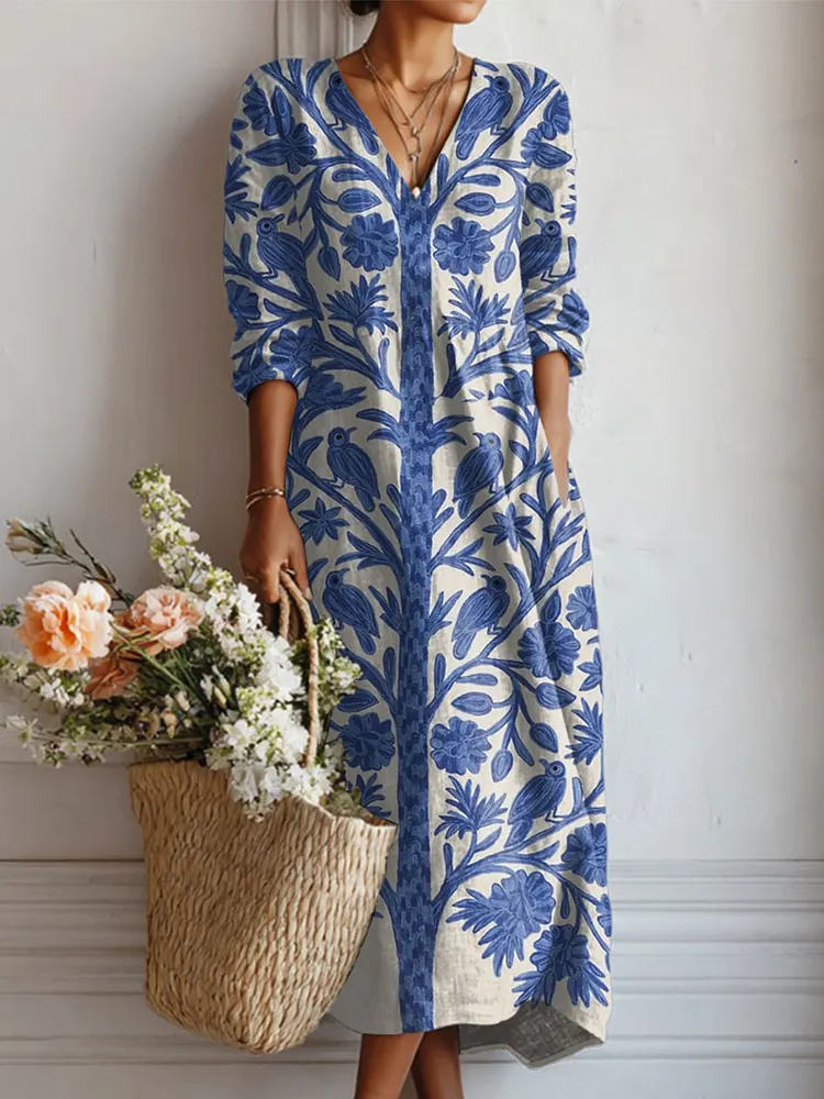 Women's Vintage Tree Art Print Linen Pocket Dress