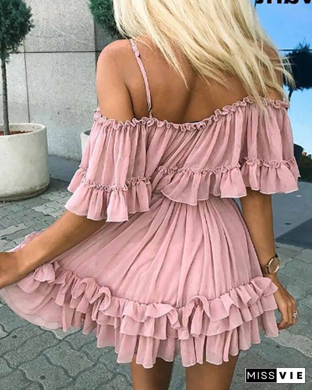 Cold Shoulder Frill Layered Ruffles Dress P10875