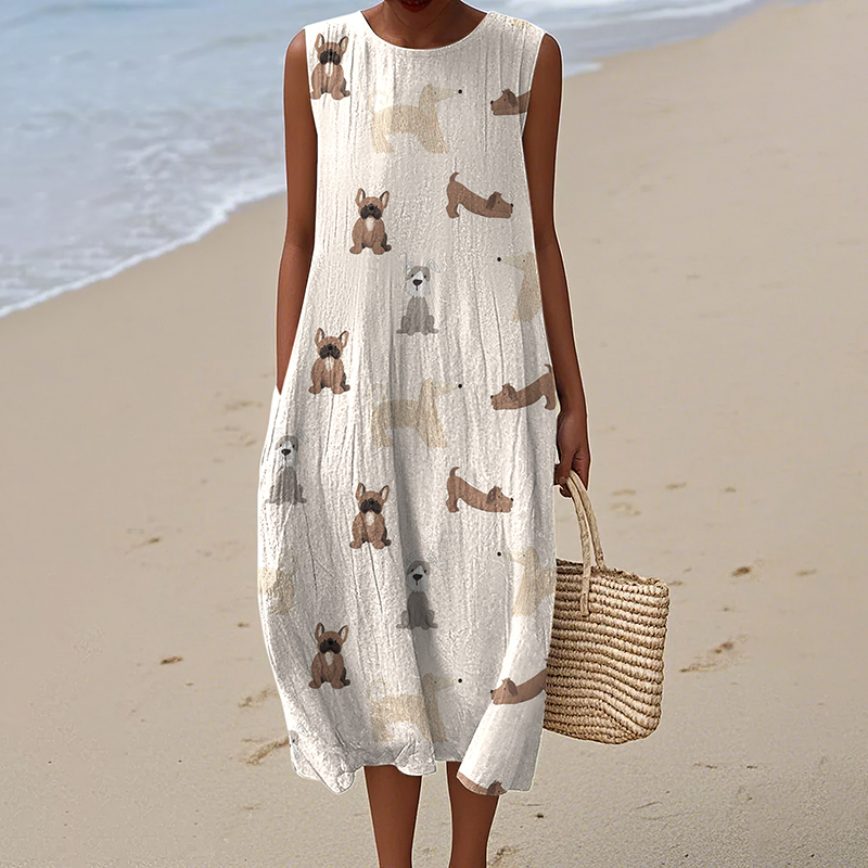 Comstylish Retro Cute Dog Prints Linen Tank Midi Dress
