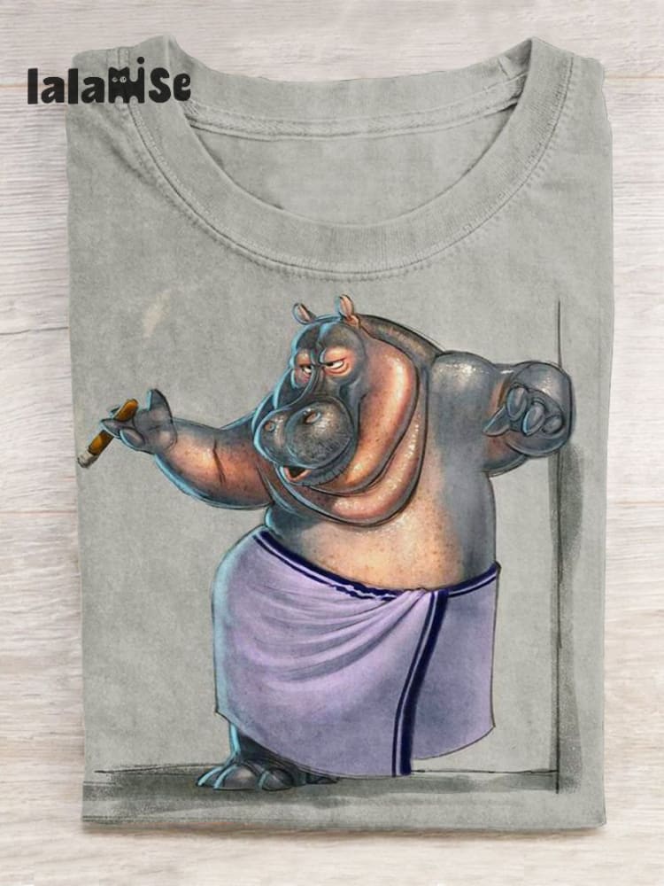 Funny Hippo Smoking Art Pattern Print Casual T - Shirt Grey / S