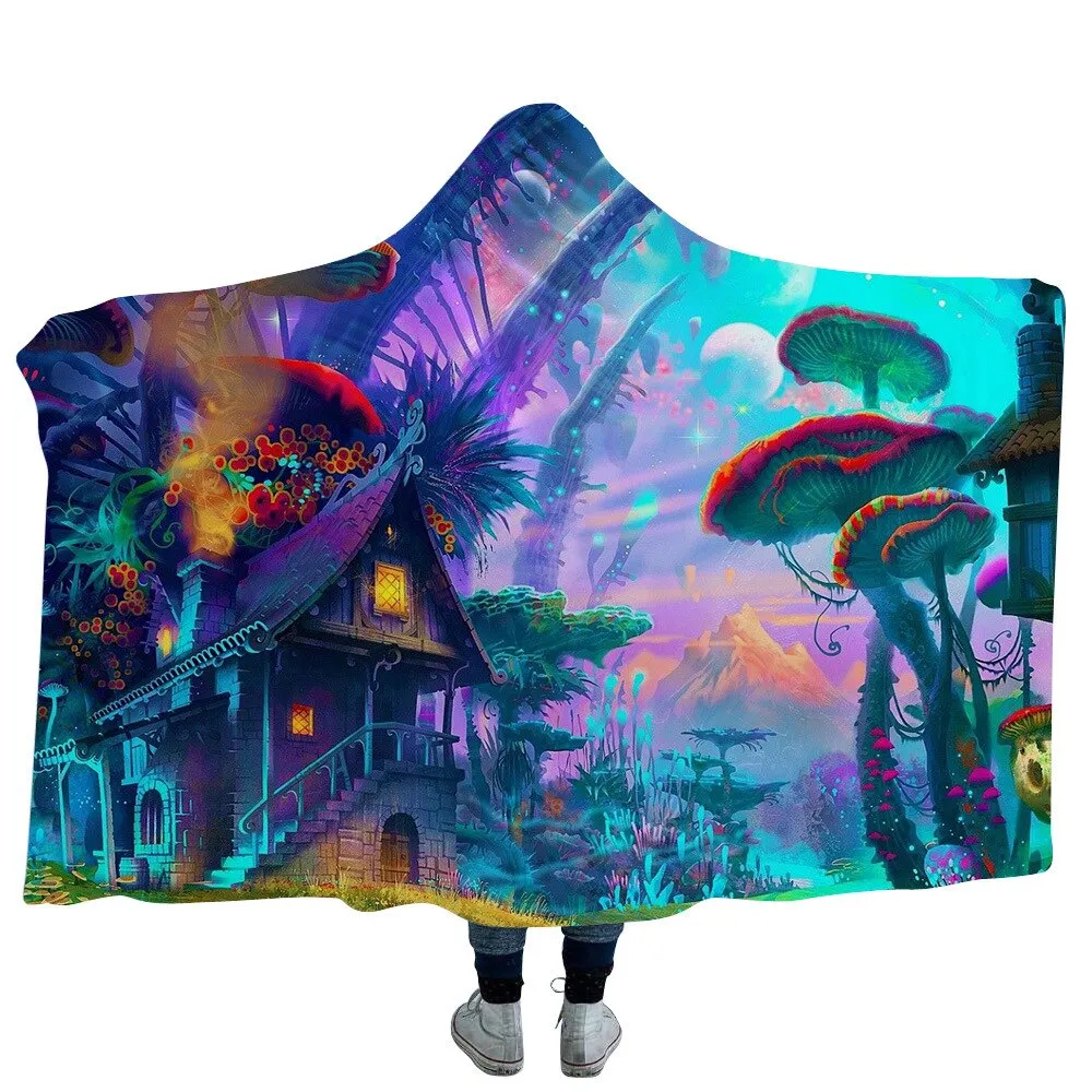 Huge Mushroom Hooded Blanket For Adults Kids 3D Psychedelic Scenery Sherpa Fleece Bed Blankets Travel Camping Mantle Bedspreads