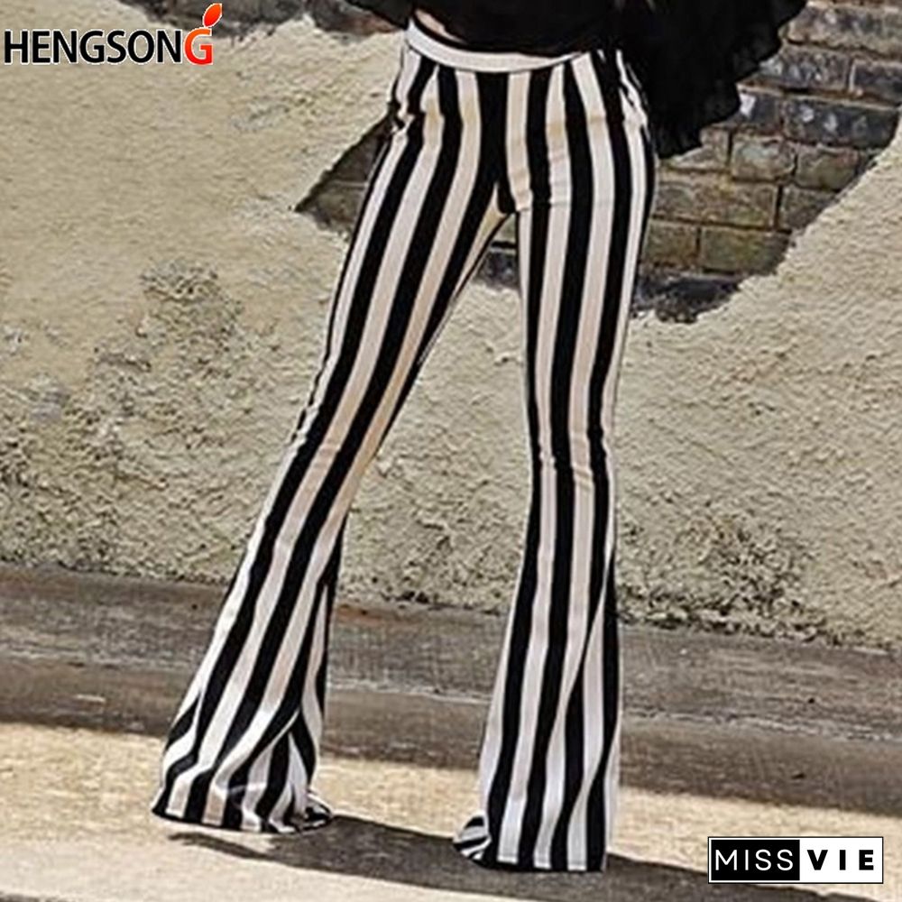 Striped Wide Leg Pant For Women Elastic High Waist Long Trouser Autumn Female Fashion Flare Pants OL Clothes