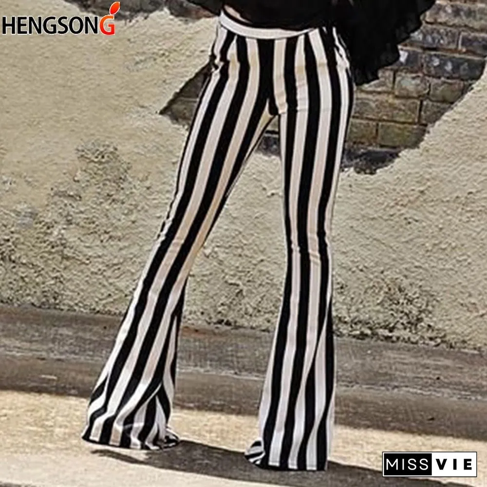 Striped Wide Leg Pant For Women Elastic High Waist Long Trouser Autumn Female Fashion Flare Pants OL Clothes