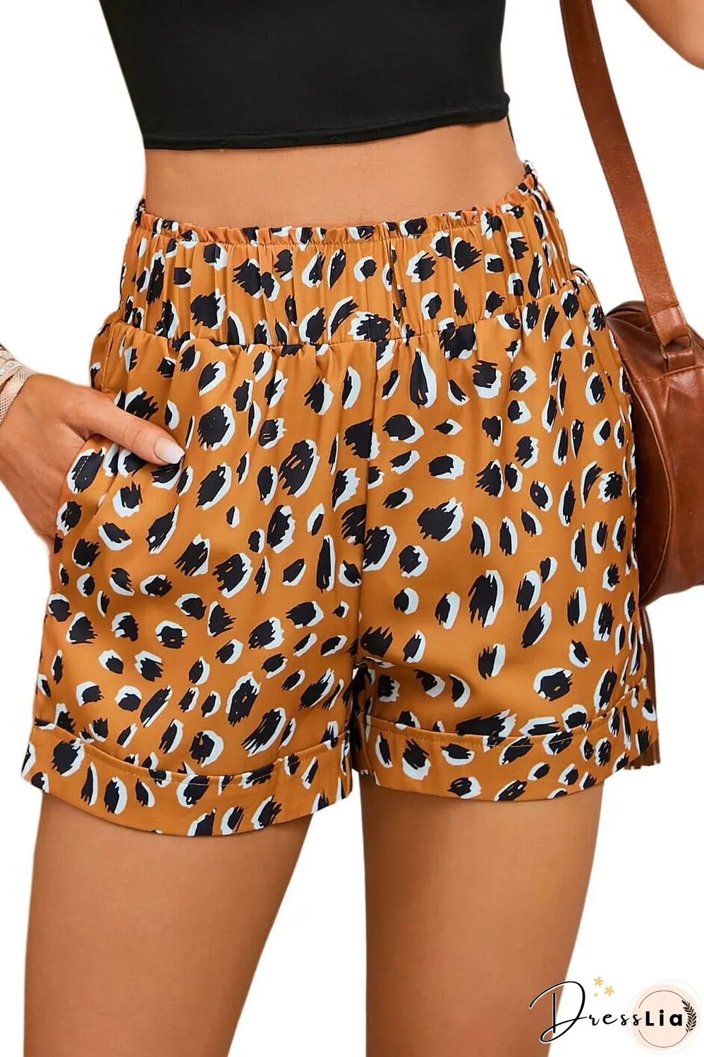 Leopard Print Ruffle Brown Shorts with Elastic Waistband