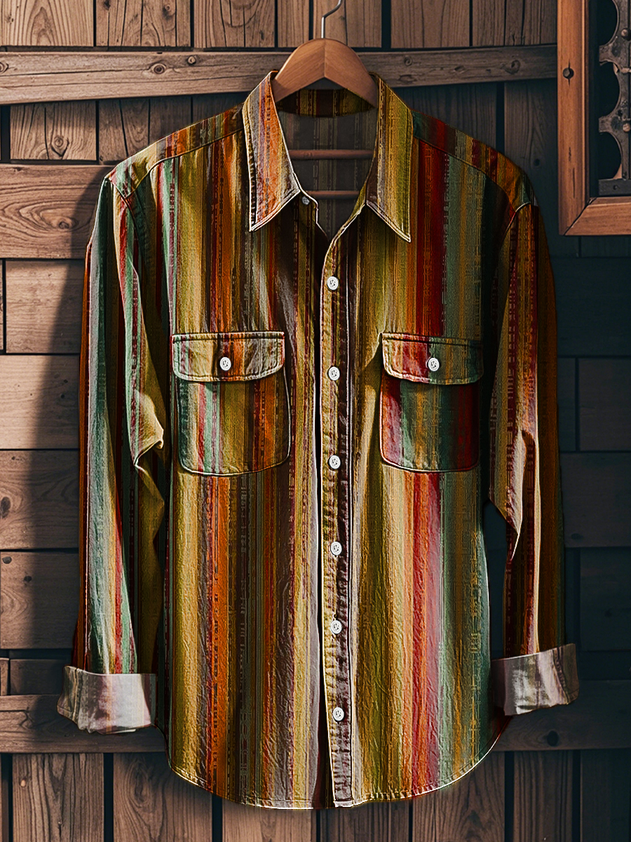 Men's Vintage Colorful Abstract Stripe Pattern Workwear Pocket Long Sleeve Shirt