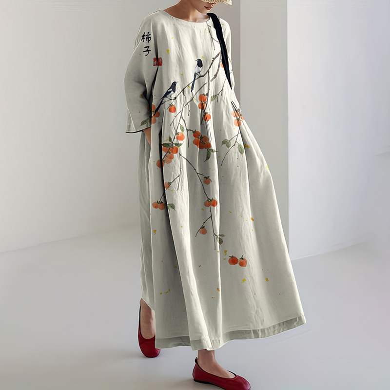 Japanese Persimmon Art Linen Blend Maxi Dress artswardrobe