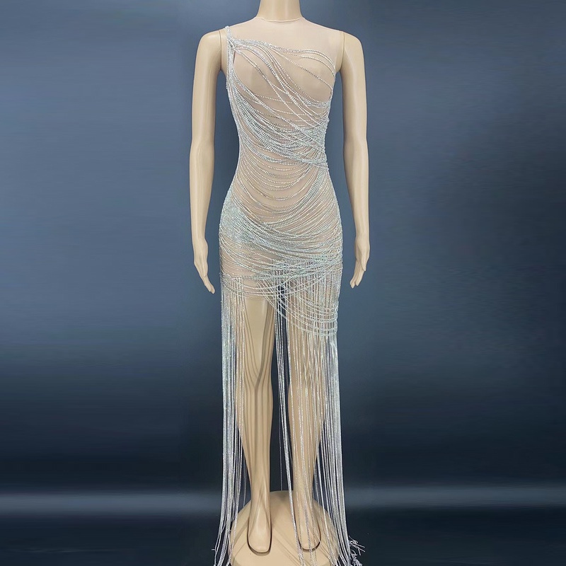 GOOSHOE Top Vendors In Women Clothing Nude Diamond Chain Transparent Club Dress Crystal Sleeveless Gown For Prom Dress