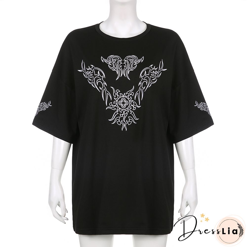 Fashion Oversized Black Long T-Shirts Women Goth Print Aesthetic Grunge Graphic Tees Short Sleeve Tops Summer Clothing
