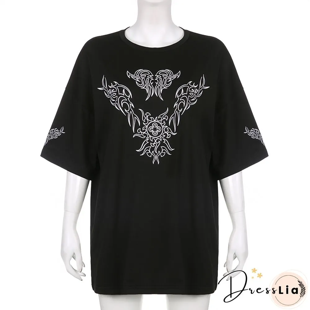 Fashion Oversized Black Long T-Shirts Women Goth Print Aesthetic Grunge Graphic Tees Short Sleeve Tops Summer Clothing