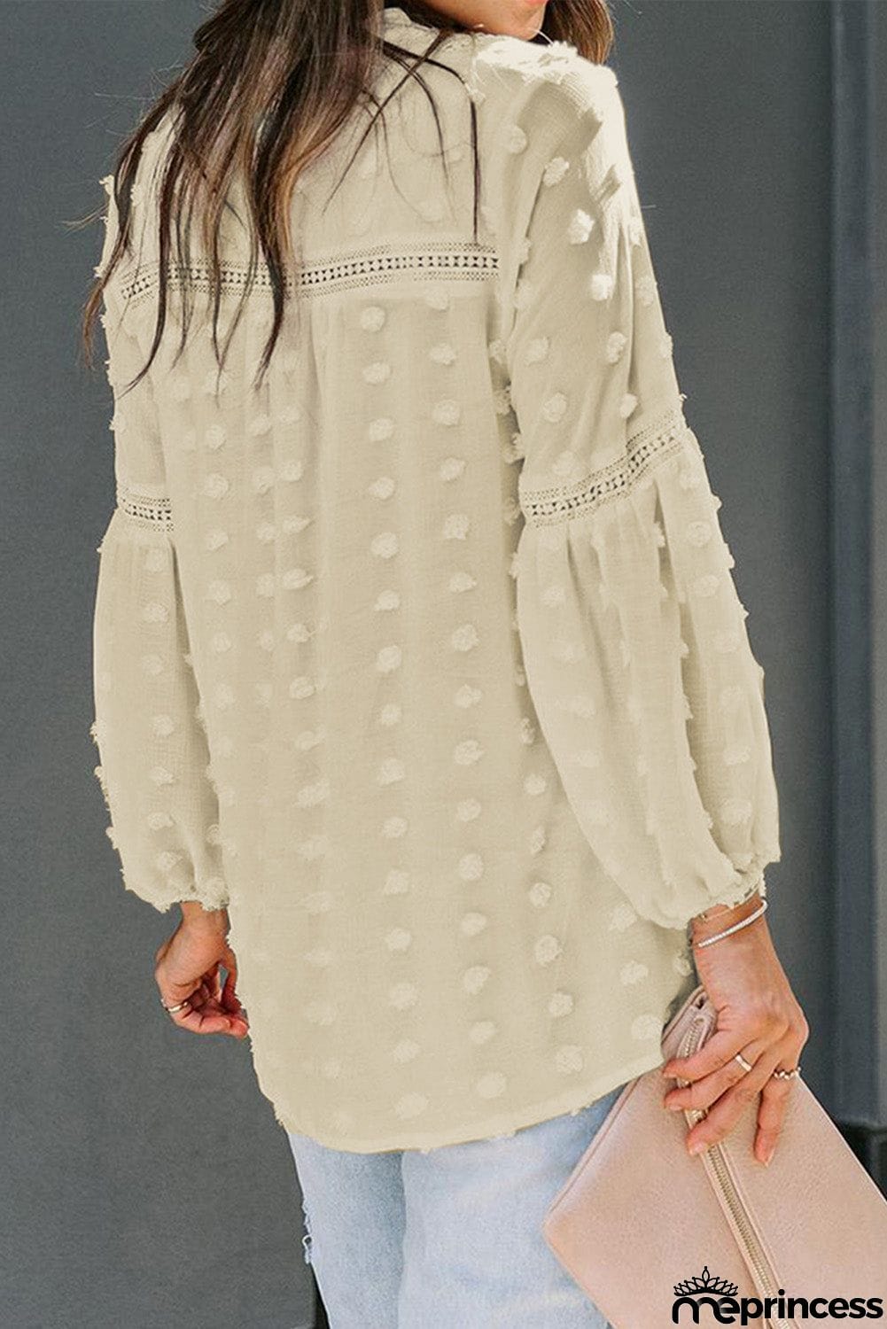 Ruffled Split Neck Lace Hollow Out Puff Sleeve Polka Dot Blouse