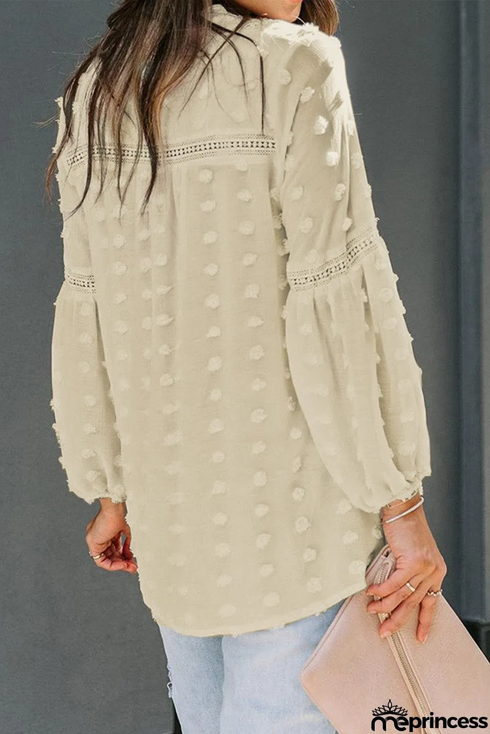 Ruffled Split Neck Lace Hollow Out Puff Sleeve Polka Dot Blouse