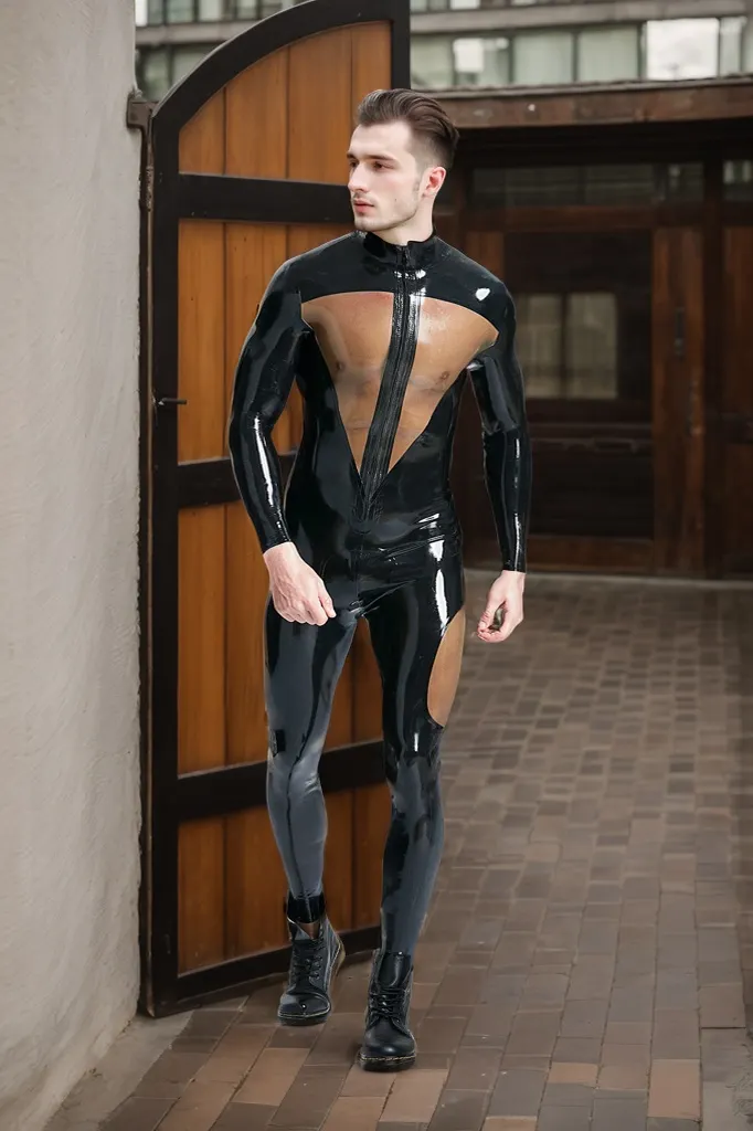 Men Latex Catsuits Dome Delusion Front Zipper transparent Black