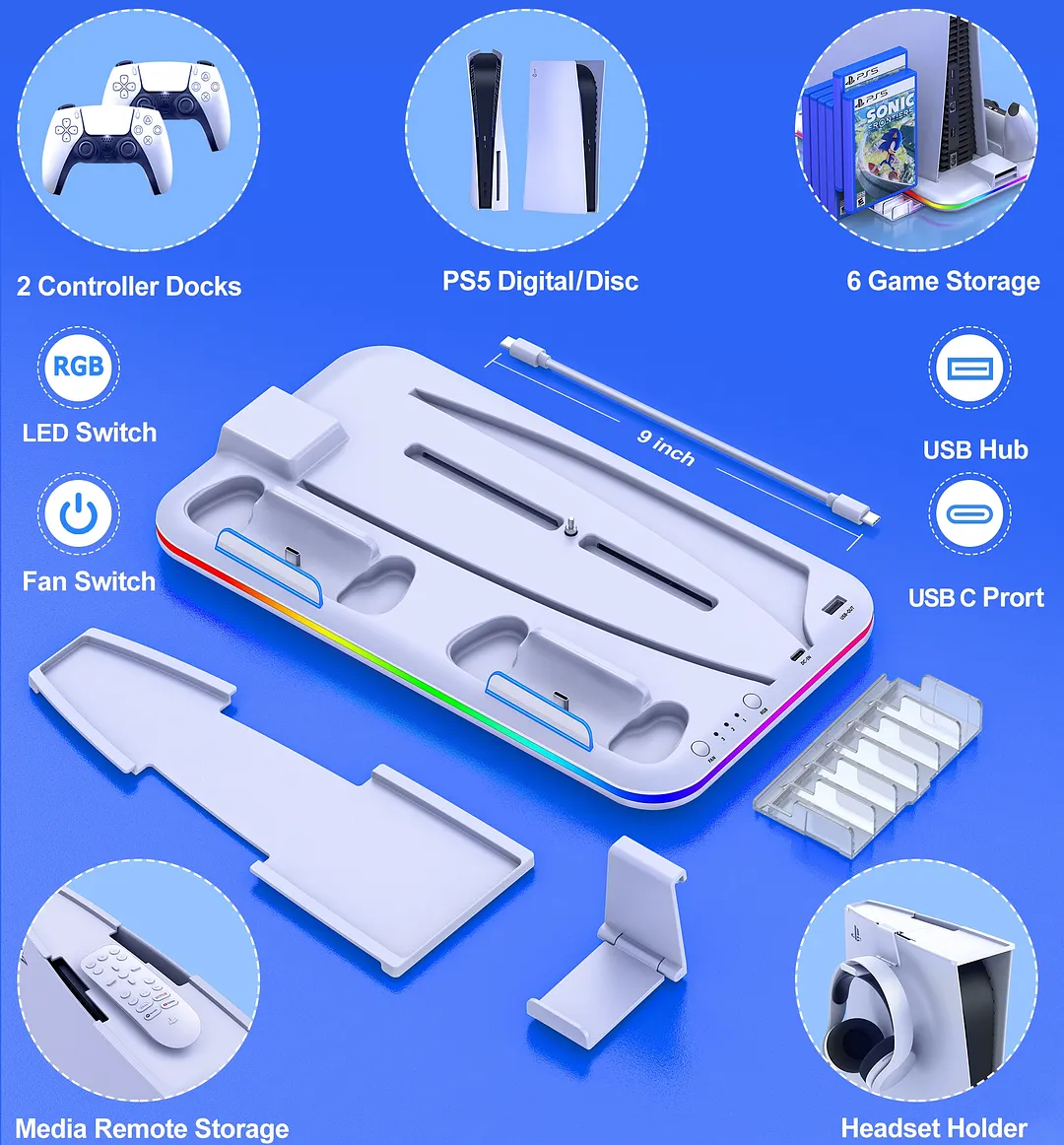 DinoFire PS5 Cooling Station with RGB PS5 Vertical Stand with Suction Cooling Fan for Playstation 5 Accessories,PS5 Controller Charger with Dual Charging Station & Headset Holder-White