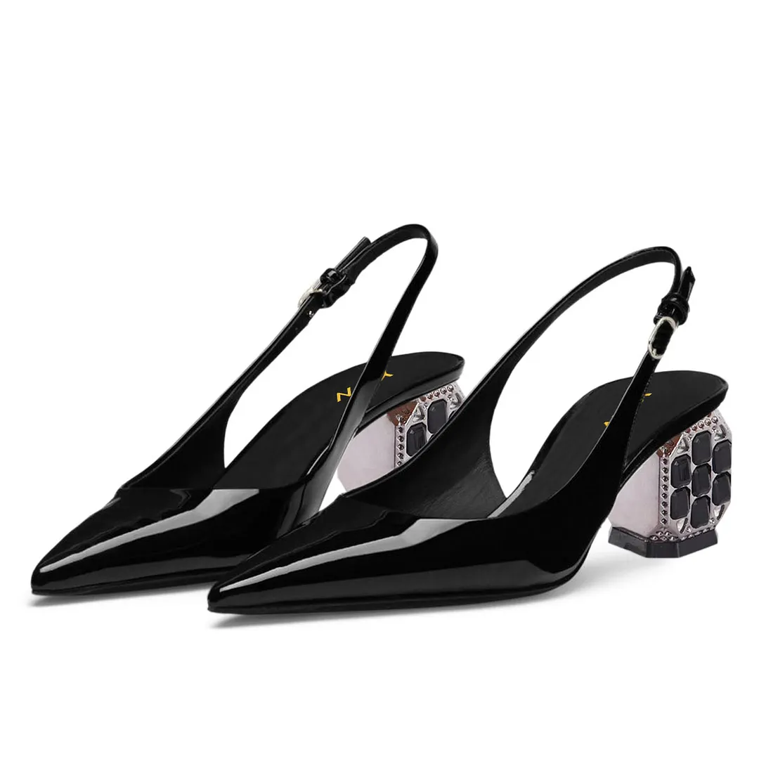 Black Patent Leather Rhinestone Slingback Heels with Pointed Toe