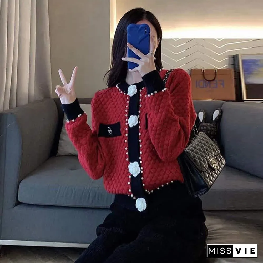 Pearl Decor 3D Blossom Button Cardigan Sweater
